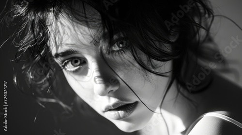 Closeup portrait of beautiful young woman with wet hair  black and white