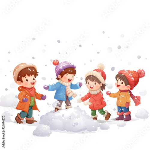Kids playing in the snow isolated on white background, realistic, png
