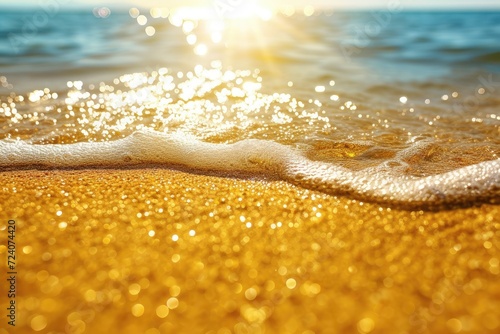 A sea wave against a background of golden sand in the glare of the sun. Beautiful seascape