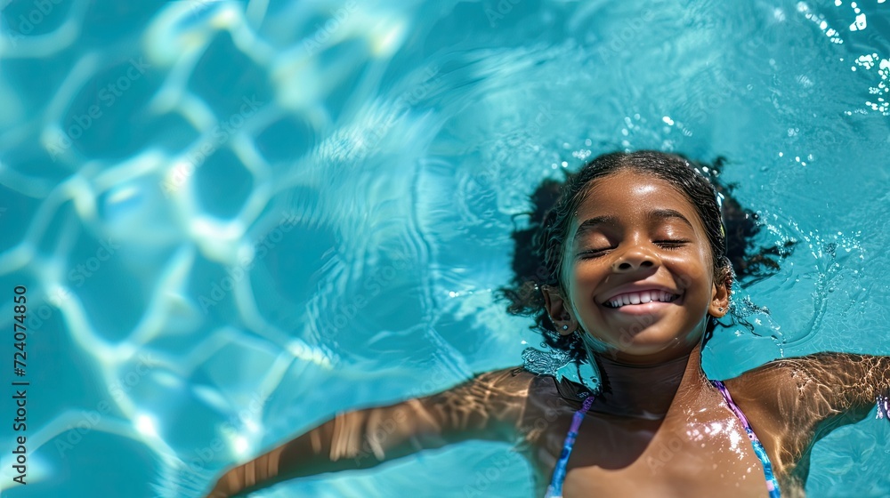 A smiling girl is enjoying herself in the pool. A joyful girl is swimming in the pool. Close-up. A smiling girl is enjoying herself in the pool. A joyful girl is swimming in the pool. Close-up.