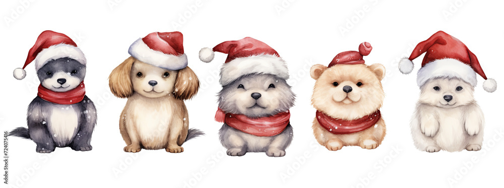Set of watercolor Christmas cute dogs wearing a Santa Claus hat isolated on transparent background PNG Set of watercolor Christmas cute dogs wearing a Santa Claus hat isolated on transparent background PNG