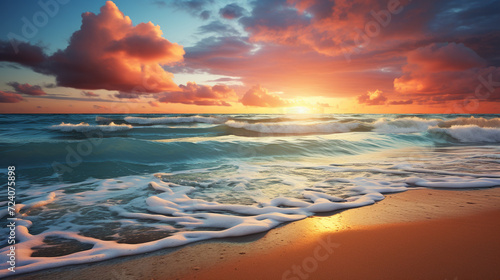 Beautiful ocean beach sunrise scene of ocean waves crashing on the seashore, sunset sunrise background on the sea beach