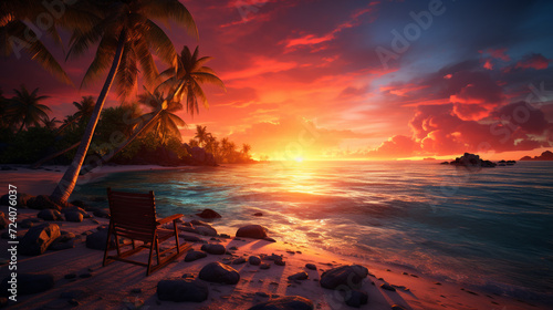Beautiful sunset picture of a tropical sea beach water flowing and palm tree, beach sunset background