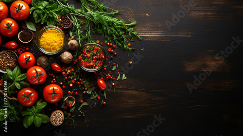 Top view of organic spicery on wooden dark background with copy space, organic spicery, food background photo