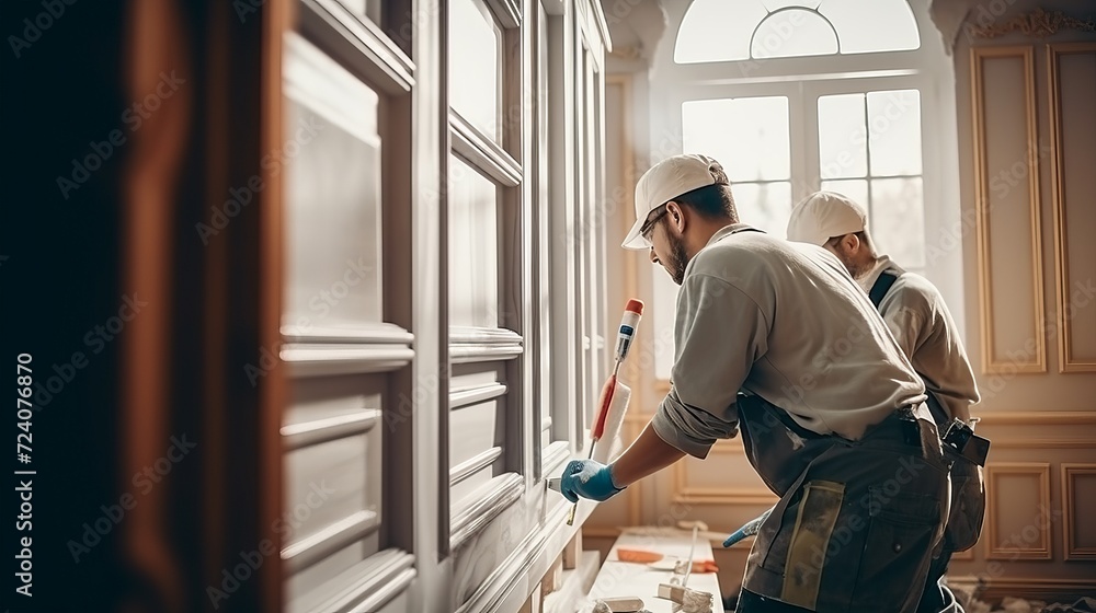 craftsman and carpenter working at construction site of new house