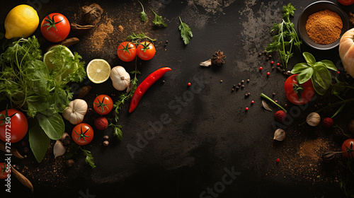 Top view of organic spicery on wooden dark background with copy space
