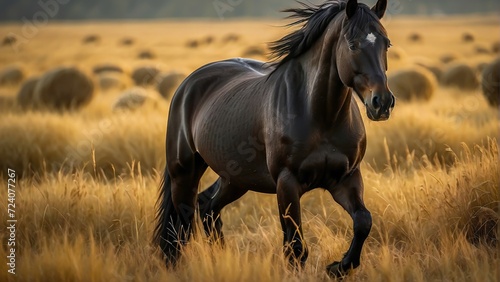 Stallion Grazing in a Natural Environment. A Horse Grazing in the Early Dawn. Horse on a Meadow. Horse in Pasture. Farm Life.