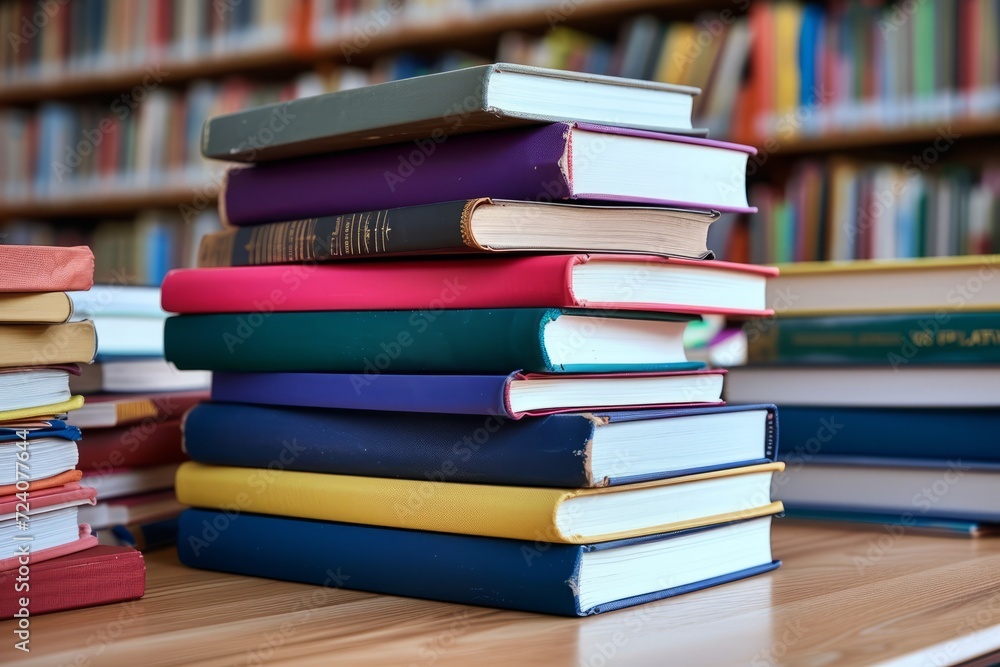 A stack of books on a library table with bookshelves in the background A stack of books on a library table with bookshelves in the background