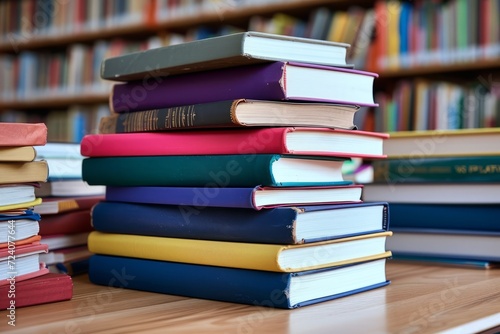 A stack of books on a library table with bookshelves in the background