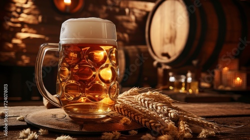 beer in a glass cup on a bar next to wheat in a craft or traditional brewery bar photo