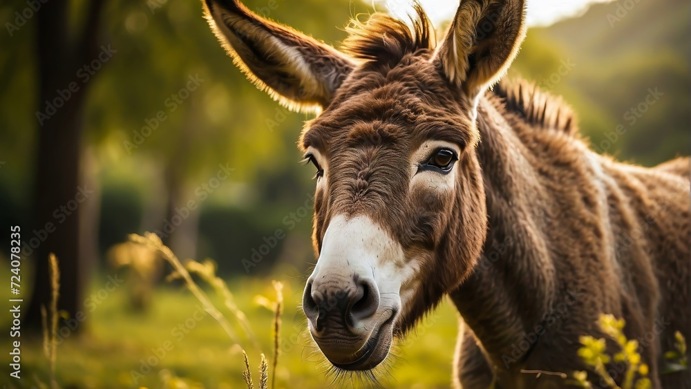 Closeup of a Donkey Grazing in a Natural Environment. Domesticated Ass. Portrait of a Donkey on a Meadow. Animal Husbandry.