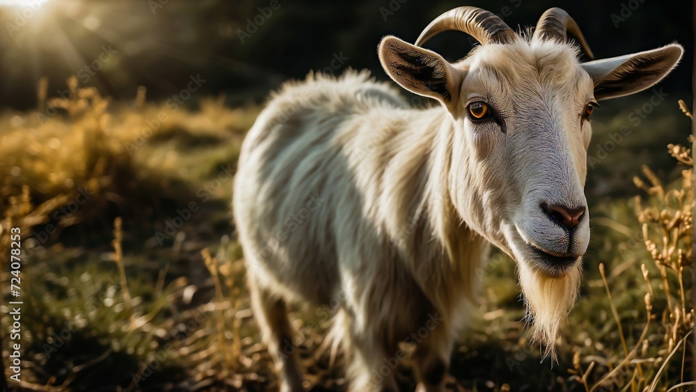 Closeup of Goat Grazing in a Natural Environment. Domestic Goat. Goat in the Meadow. Livestock Farming. Closeup of Goat Grazing in a Natural Environment. Domestic Goat. Goat in the Meadow. Livestock Farming.