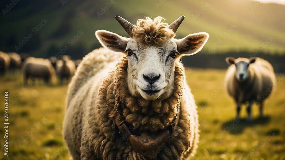 Closeup of a Sheep Grazing in a Natural Environment. Domesticated Animals. Sheep on Green Fields. Livestock Farming. Wool Production.