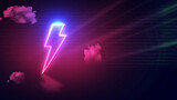 modern lightning bolt icon with pink neon effect and empty space for copy or message, dark wall  backdrop with clouds