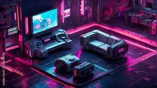 Modern Neon Futuristic Living Room. Cyberpunk Style Room Settings.