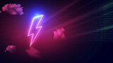 modern lightning bolt or thunder icon with pink neon effect and empty space for copy or message, dark wall  backdrop, clouds
