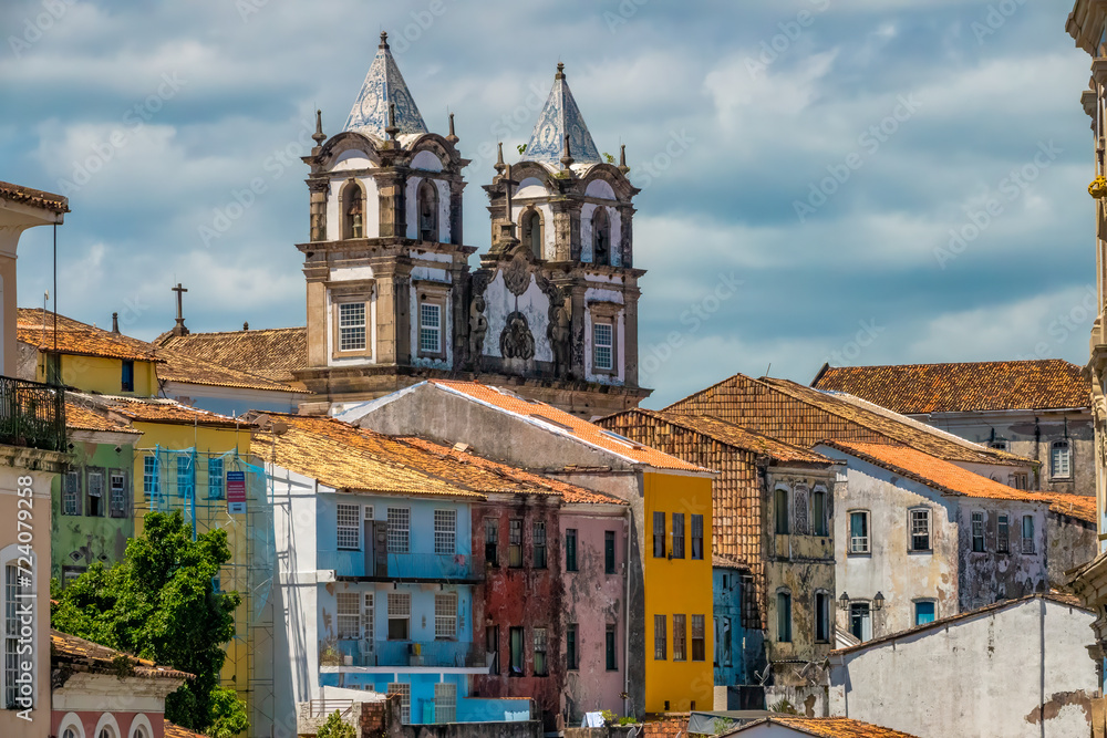 Magnificent historical buildings surrounding the infamous Pellorio square, where African slaves were traded  in Brazil until the late XIX c., Salvador, Bahia, Brazil