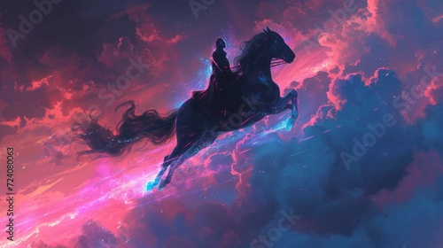 woman on flying horse sky pink blue phosphorescent photo