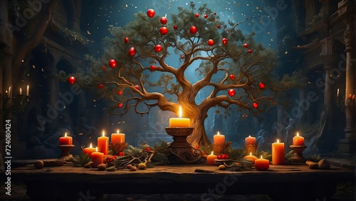 Mystical Sacred Tree Surrounded by Candles Growing in the Temple. Spiritual Temple with Holey Ancient Tree. Ancient Wisdom.