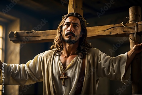 Portrait of Jesus Christ on the Cross. The Beginnings of Christianity. Jesus Christ in Front of the Cross. Passion of Christ.