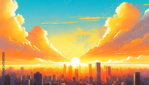 sunrise or sunset over the city blue sky with orange fluffy clouds anime manga digital illustration comic style