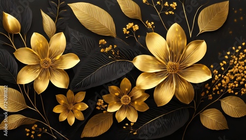 beautiful golden flowers with black leaves isolated on a dark black background creative mystery concept elegant love and passion floral idea 3d illustration