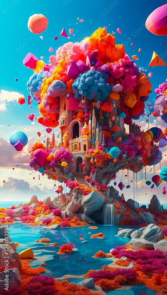 Floating Islands and a Fantasy Sky. The Explosion of Colorful Shapes in a Surreal Landscape. An Otherworldly Dimension, with  Fairytale Landscape.