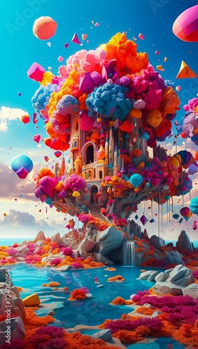 Floating Islands and a Fantasy Sky. The Explosion of Colorful Shapes in a Surreal Landscape. An Otherworldly Dimension, with Fairytale Landscape.