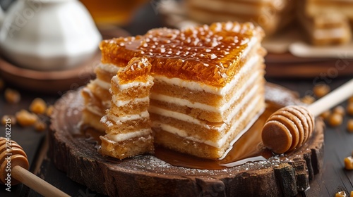 A Russian honey cake called medovik. Unique honey cake texture with layers infused with honey flavor. Russian cuisine cake. photo