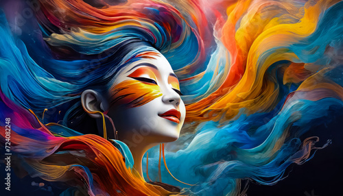 Visage d'une femme asiatique avec des ondulations colorées