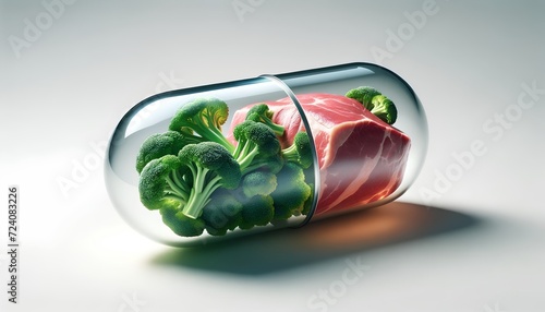 B12 supplement capsules alongside natural sources of the vitamin, including fresh cuts of meat and green broccoli, illustrating organic and nutritional options for health. photo