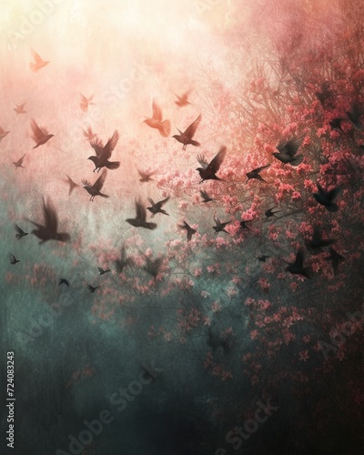 a flock of birds in flight  with a blend of realism and abstract elements
