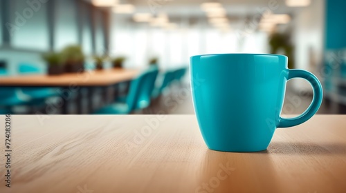 Cyan Coffee Cup on a wooden Table. Blurred Interior Background