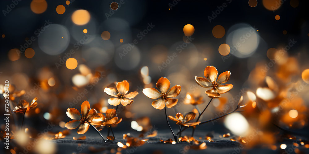 Abstract bokeh shimmering gold glitter flowers with blurry defocused background Abstract bokeh shimmering gold glitter flowers with blurry defocused background