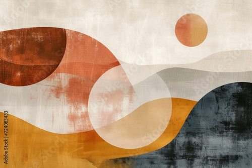 Bohemian minimalist artwork featuring abstract shapes inspired by nature, in warm, muted hues