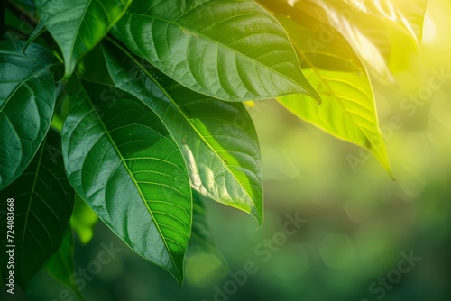 Close-up of green leaves with sunlight shining through