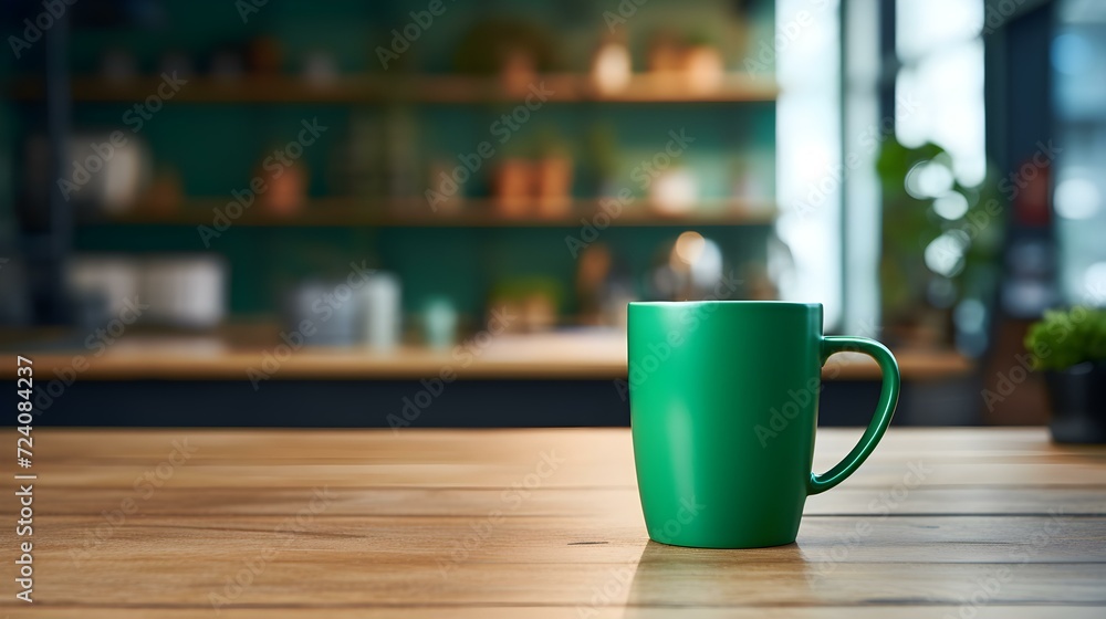 Dark Green Coffee Cup on a wooden Table. Blurred Interior Background Dark Green Coffee Cup on a wooden Table. Blurred Interior Background