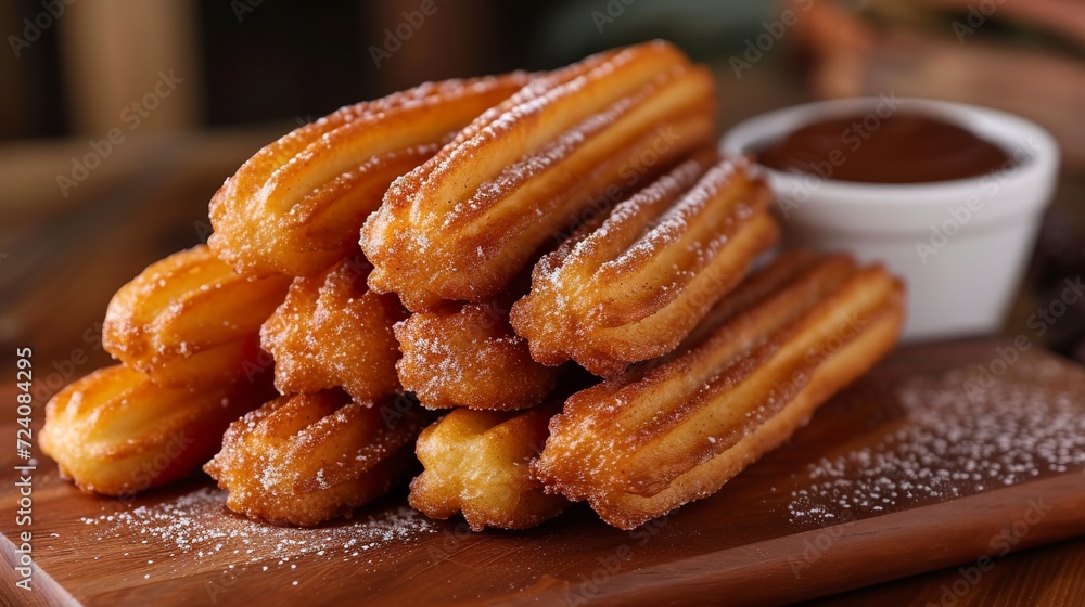 Golden churros served with a layer of sugar and cinnamon. Delicious churros with chocolate and caramel sauce. Hot appetizing churros. Golden churros served with a layer of sugar and cinnamon. Delicious churros with chocolate and caramel sauce. Hot appetizing churros.