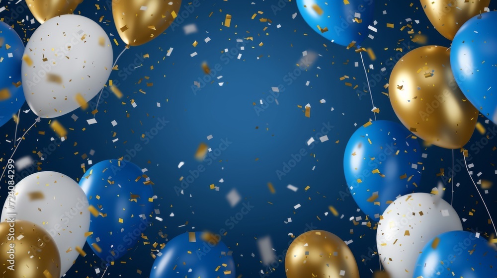 Celebration background concept with blue, golden, white balloons and confetti Celebration background concept with blue, golden, white balloons and confetti
