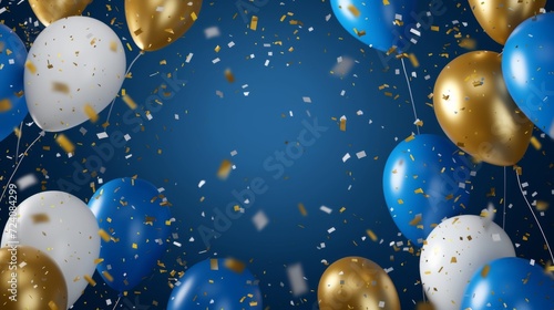 Celebration background concept with blue, golden, white balloons and confetti