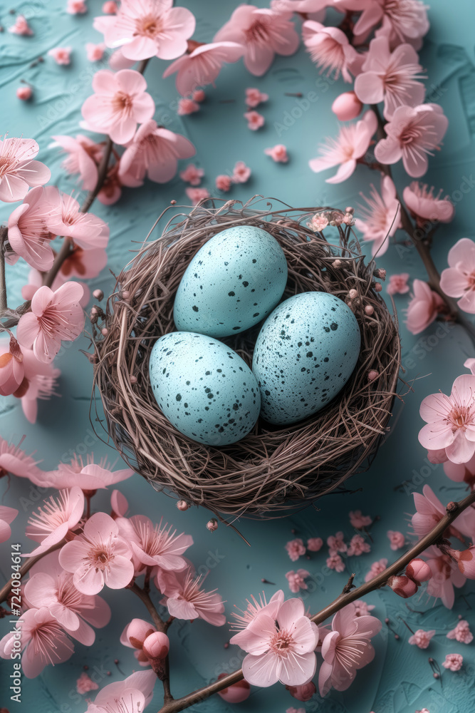 Spring Nest with Eggs Surrounded with Pink Blossoms on Blue Background. AI Generative.