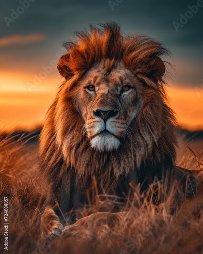 Majestic lion portrait in a savannah landscape during sunset  with dramatic lighting and detailed fur texture