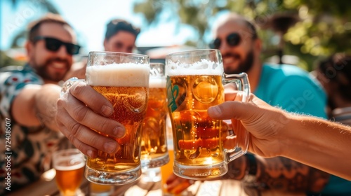 Four men toasting beer mugs with beer in them outside