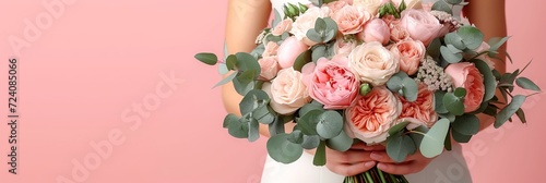 Elegant bride holding beautiful bouquet on pink studio background, wedding concept in studio setting © Viktoria