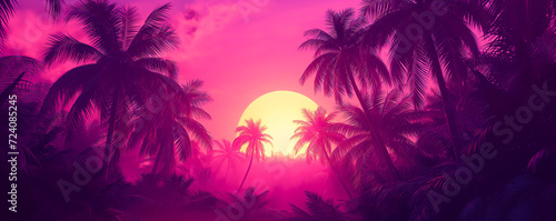 surreal psychedelic artwork of a tropical synthwave landscape with palm trees and beauty island sunset photo