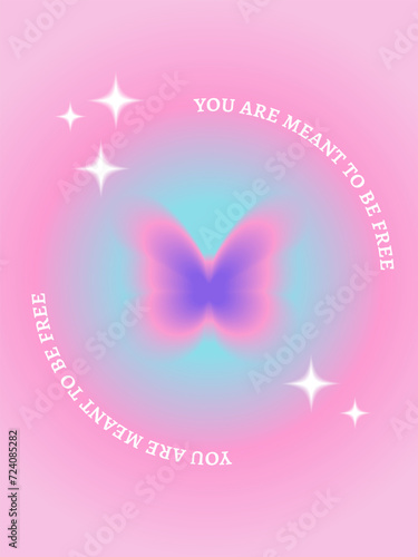 You are meant to be free illustration in minimalist style. Modern aura design with gradient butterfly for poster, y2k background. Vector