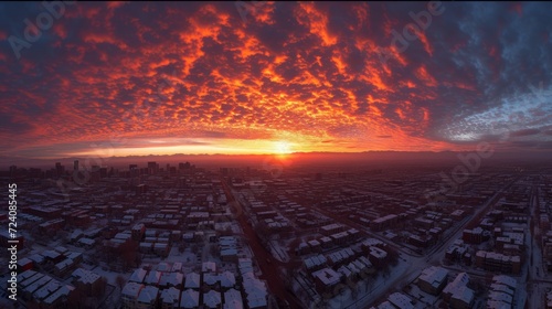 A stunning sunset over a snowy city