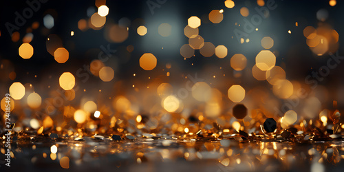 Abstract bokeh shimmering gold glitter lights with blurry defocused background