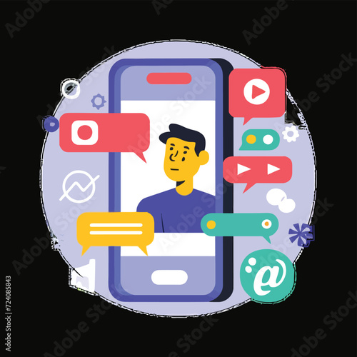 2d vector illustration colorful social media boost , influence blogger E-marketer via Internet pages marketing referral