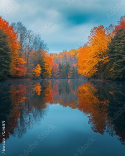 Serene lake surrounded by autumn foliage reflecting in the still water